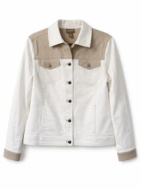 Chico’s NWT Zen Stripe Mixed Denim Jacket Pale Taupe with Inside Pocket- 2 (L)